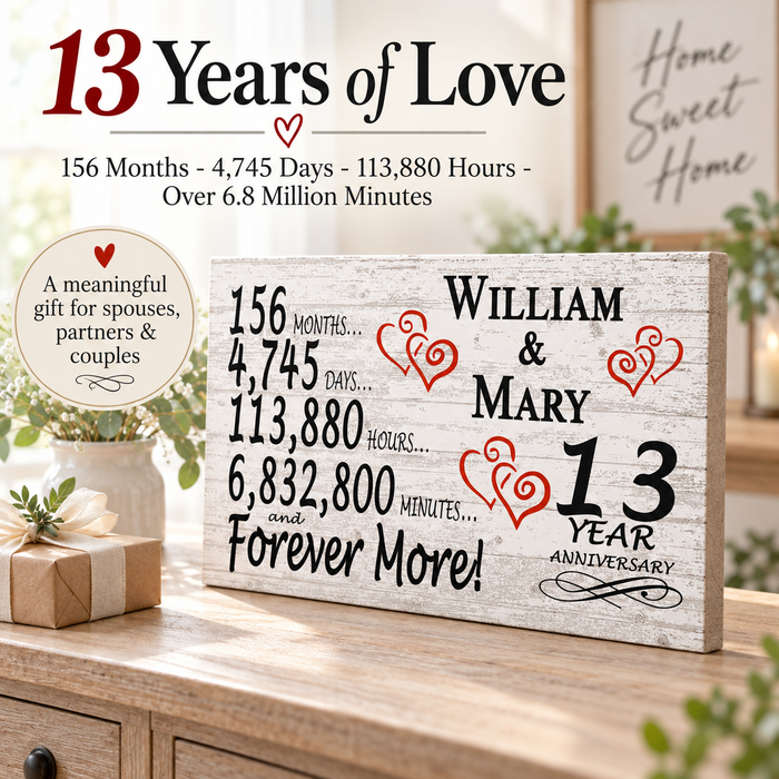 13th Anniversary Gift - Personalized Wood Sign for Husband, Wife or Couple - 13 Year