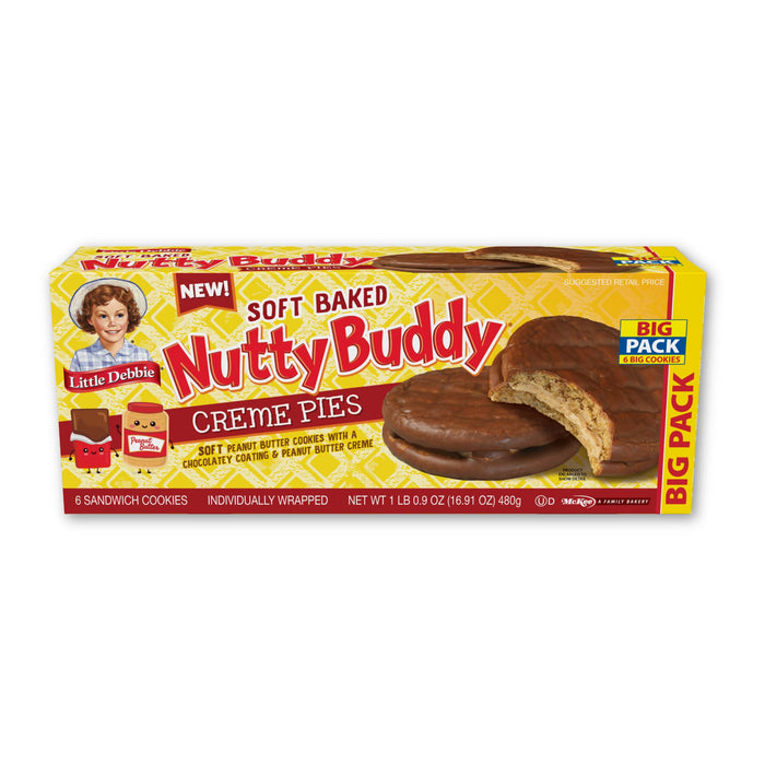Carton of Little Debbie Nutty Buddy Creme Pies: Big Pack with 6 sandwich cookies. The packaging features the Little Debbie logo, product name in bold red text, and an image of a crème pie cookie with a bite taken out, showing soft peanut butter cookies filled with peanut butter creme and a chocolatey coating.