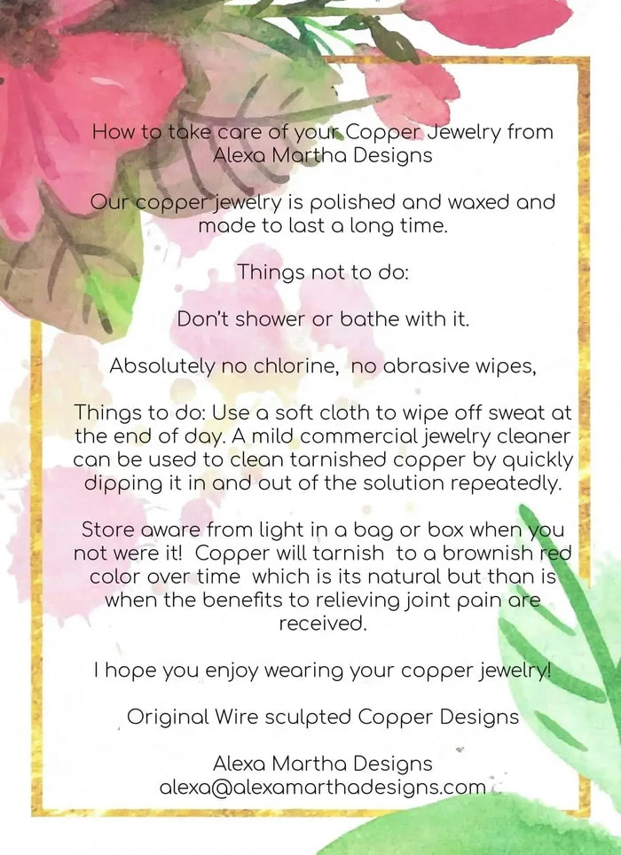 Handmade Copper Multi Wire Wrapped Super Sparkly Bling Ring care instructions on a floral background.