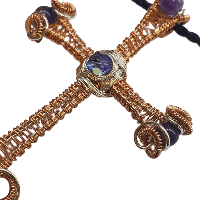 Large Wire Woven Copper Silver Amethyst Cross Necklace showcasing intricate wirework and amethyst accents.