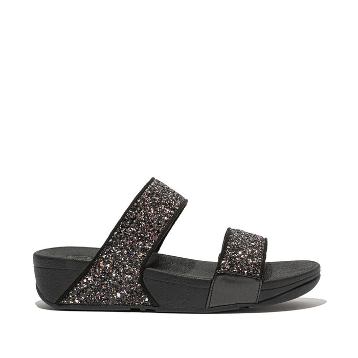 LULU multi-tonal glitter slides with padded straps and Microwobbleboard™ cushioned footbed, metallic side panels, and tonal piping.