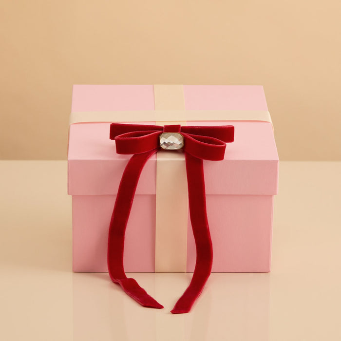 KITSCH Velvet Gemstone Bow Hair Clip Red — creative product shoot