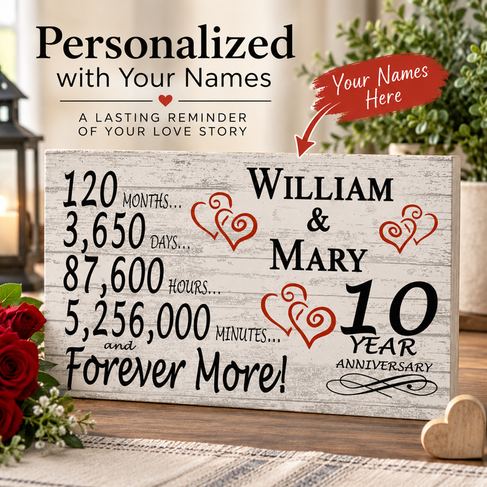 10th Anniversary Gift - Personalized Wood Sign for Husband, Wife or Couple - 10 Year