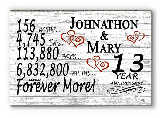 Personalized 13 Year Anniversary Gift – Custom Names | Solid Wood Years Together Keepsake - Broad Bay Personalized Gifts Shipped Fast