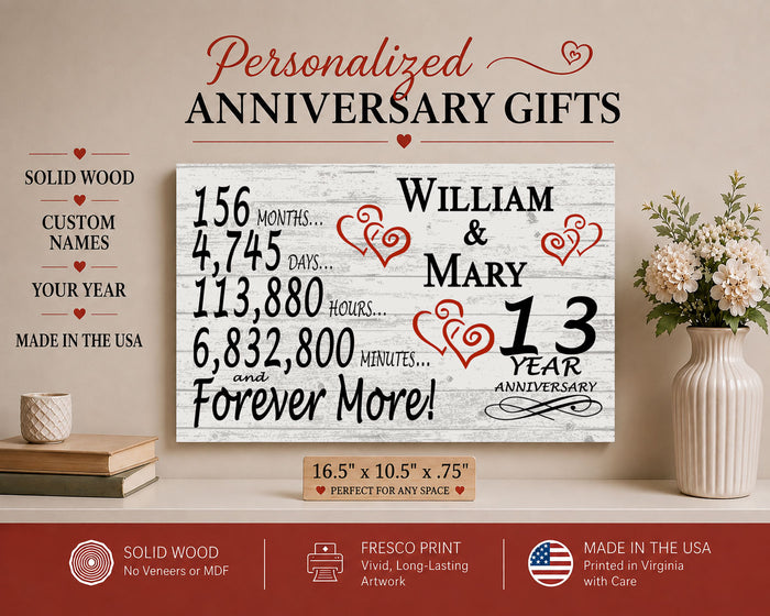 13th Anniversary Gift - Personalized Wood Sign for Husband, Wife or Couple - 13 Year