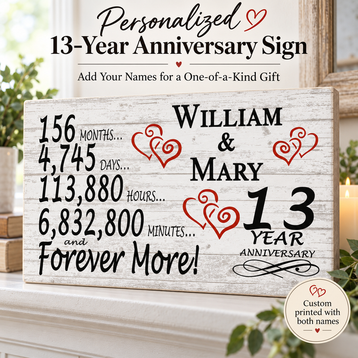 13th Anniversary Gift - Personalized Wood Sign for Husband, Wife or Couple - 13 Year