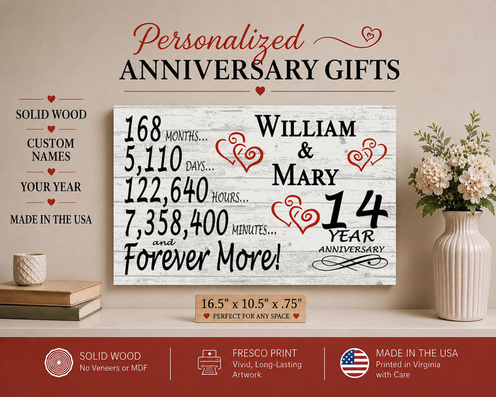 14th Anniversary Gift - Personalized Wood Sign for Husband, Wife or Couple - 14 Year