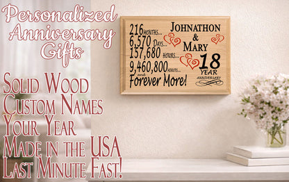 18th Anniversary Gift - Personalized Wood Plaque for Husband, Wife or Couple - 18 Year