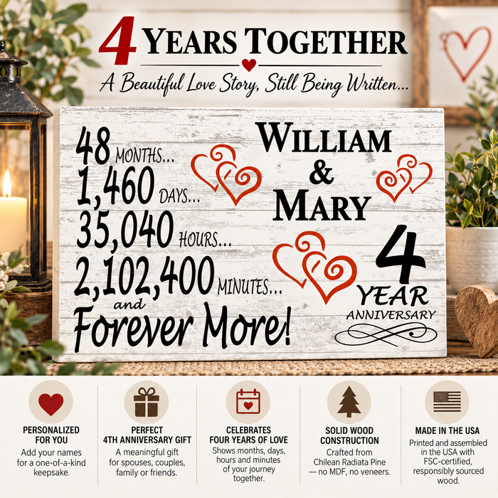 4th Anniversary Gift - Personalized Wood Sign for Husband, Wife or Couple - 4 Year
