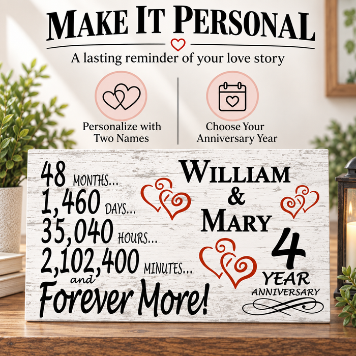 4th Anniversary Gift - Personalized Wood Sign for Husband, Wife or Couple - 4 Year