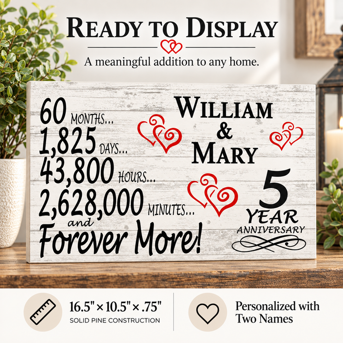 5th Anniversary Gift - Personalized Wood Sign for Husband, Wife or Couple - 5 Year