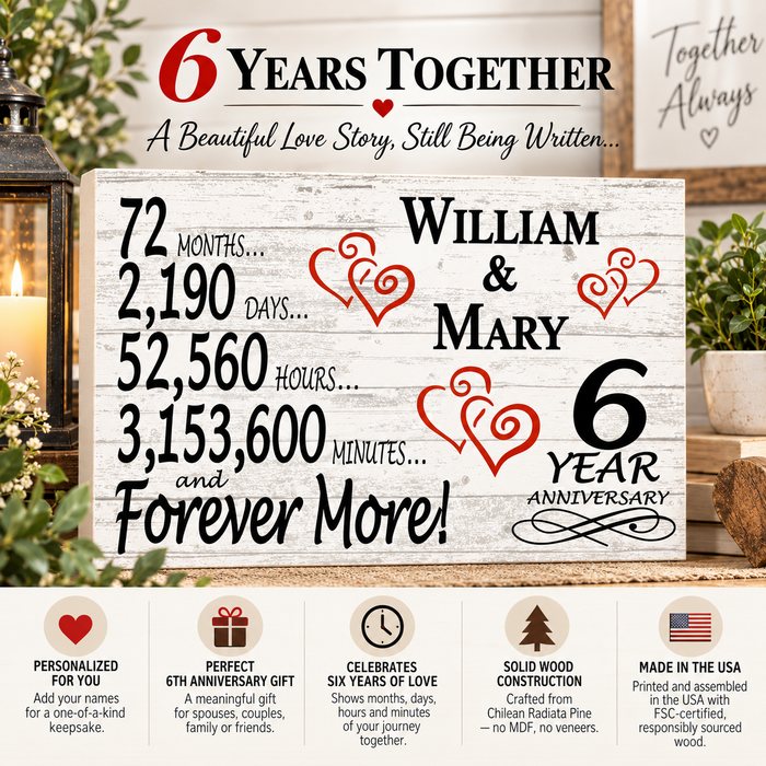 6th Anniversary Gift - Personalized Wood Sign for Husband, Wife or Couple - 6 Year