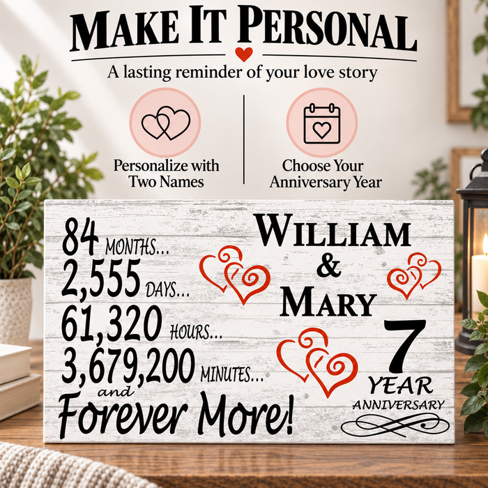 7th Anniversary Gift - Personalized Wood Sign for Husband, Wife or Couple - 7 Year