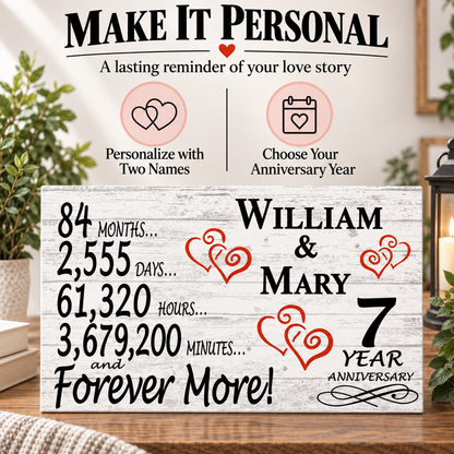 7th Anniversary Gift - Personalized Wood Sign for Husband, Wife or Couple - 7 Year