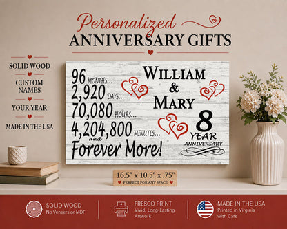 8th Anniversary Gift - Personalized Wood Sign for Husband, Wife or Couple - 8 Year