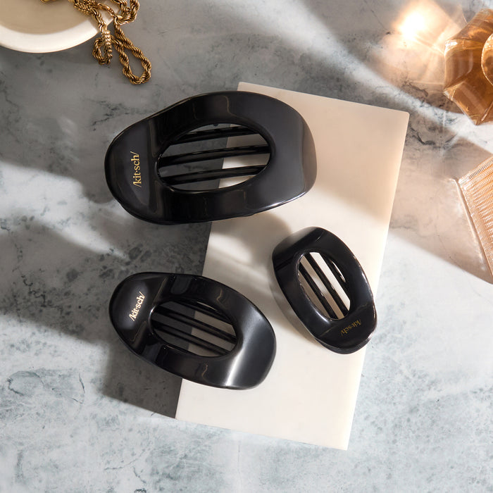 Black Flat Cloud Clip - Large styled with matching black hair clips