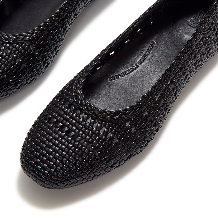 Close-up of FitFlop DELICATO Woven PU Ballerinas showcasing the woven faux-leather texture and refined craftsmanship.