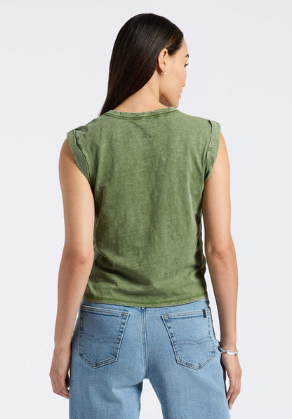 Buffalo Women Tops Green Knit Tanks Relaxed Fit Crew Neckline