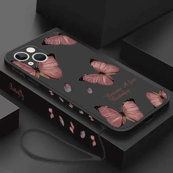 A pink butterfly phone case with a black background