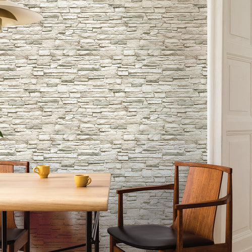 Light Stone Removable Wallpaper - A wood table and two wood chairs in a room featuring Tempaper's Light Stone Peel And Stick Wallpaper | Tempaper