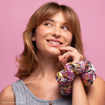 KITSCH Lisa Frank x Kitsch Pillow Scrunchies® in The Fantastic World of Lisa Frank — close-up detail of Lisa Frank rainbow print on satin — pillow-soft construction won't crimp hair