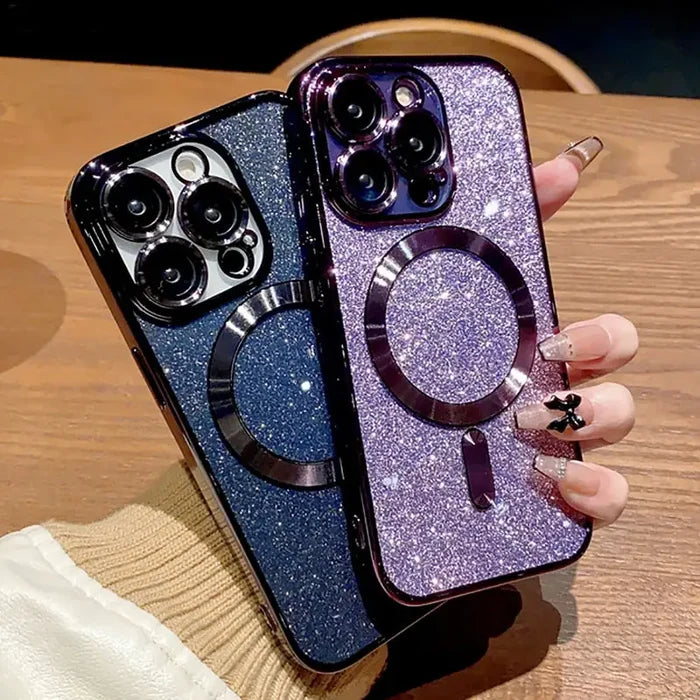 A woman holding a phone case with a camera attached to it