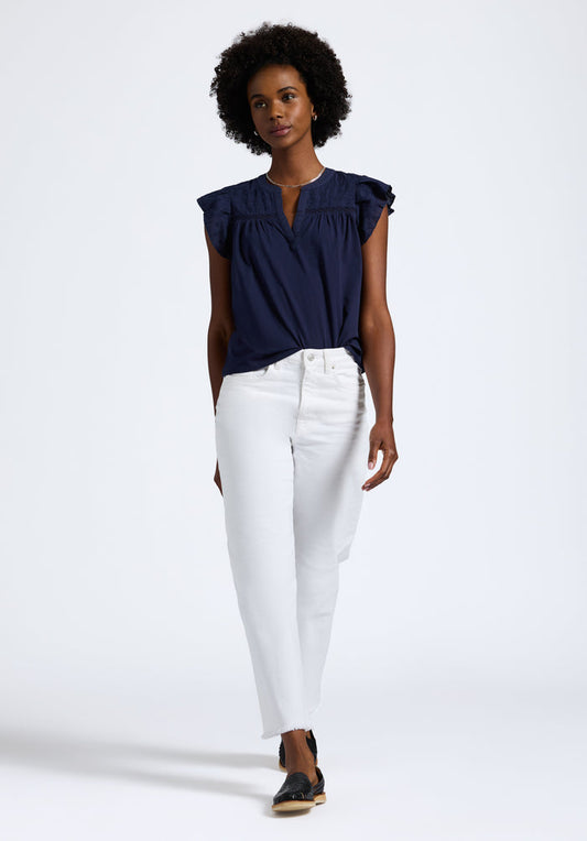 Buffalo Women Tops Navy Knit Tees Short Sleeve Flutter-Sleeve Silhouette Split Neckline