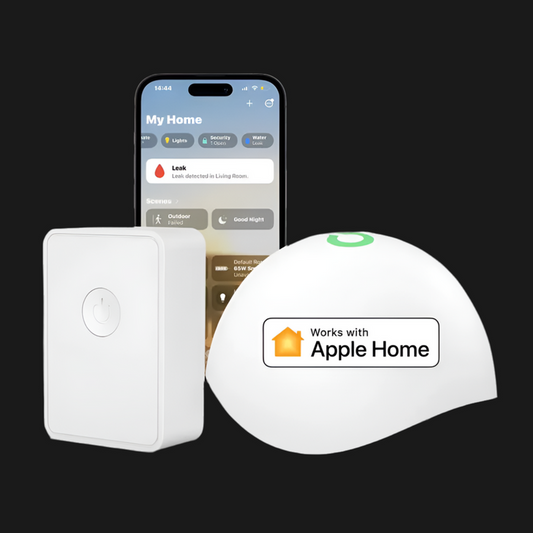 Smart home devices compatible with Apple Home, including a smartphone displaying the app interface, a white rectangular sensor or hub, and a dome-shaped device.