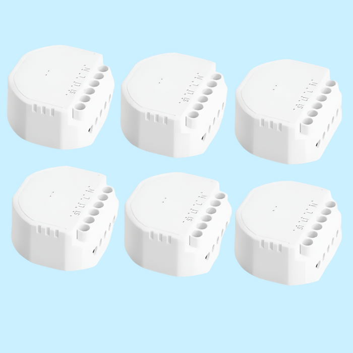 White, circular smart plugs or power adapters with multiple outlets arranged in rows.