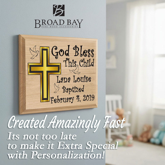 Wooden plaque with cross design for Baptism and personalized text