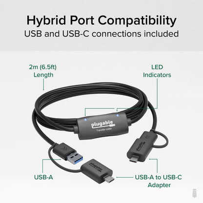 USBC-TRAN 2m (6.5ft) cable with LED indicators, USB-A connector, and included USB-A to USB-C adapter.