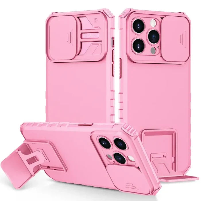 The pink iphone case is shown with the camera and lens