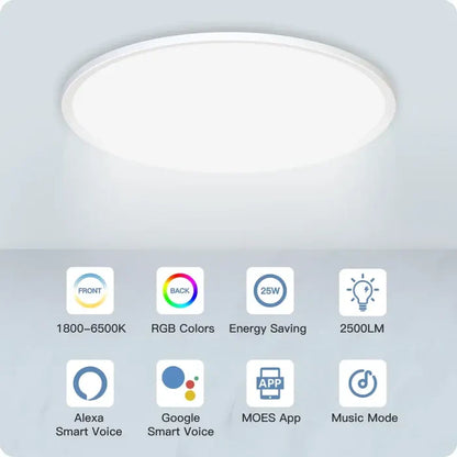 A white ceiling light with various icons