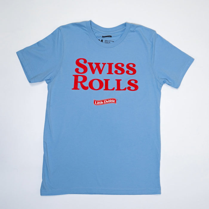 Swiss Rolls graphic logo printed in red over a solid light blue unisex t-shirt with a small red Little Debbie logo below.