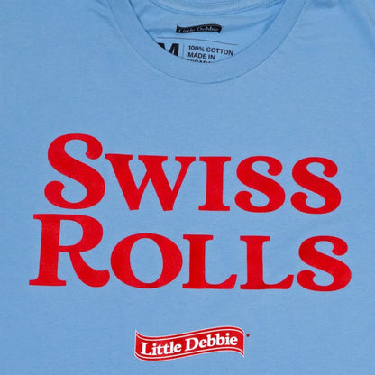 Swiss Rolls graphic logo printed in red over a solid light blue unisex t-shirt with a small red Little Debbie logo below.