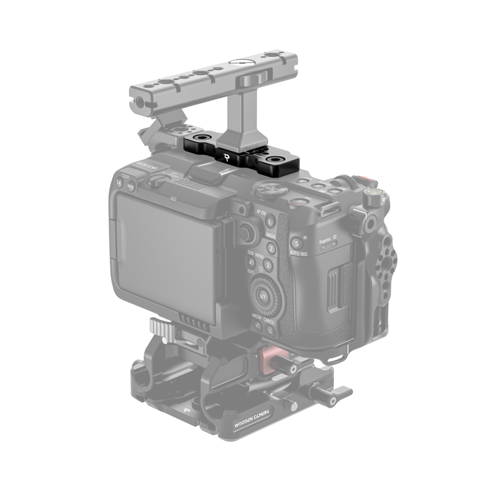 Canon EOS C50 camera body with wooden camera top plate on a white background - back
