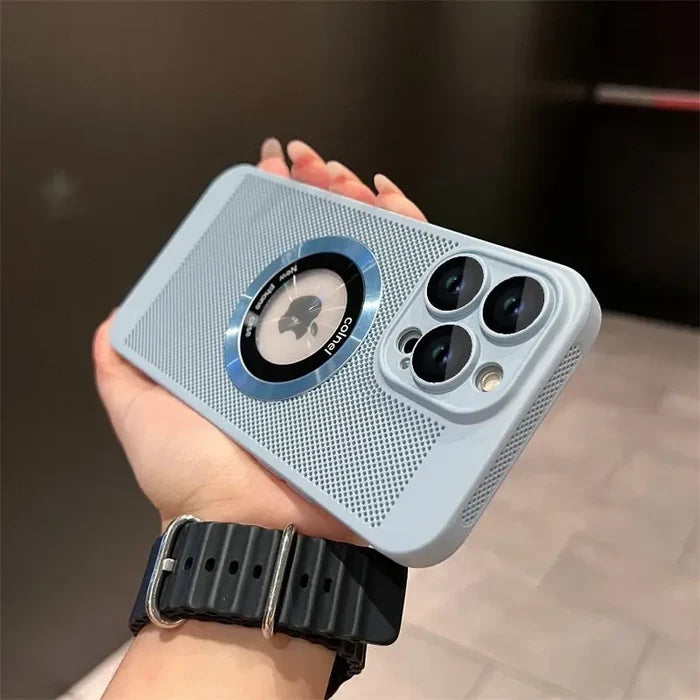 a person holding a blue iphone case