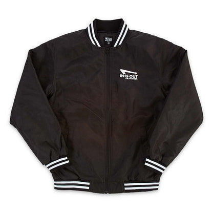 Black varsity jacket with arrow logo