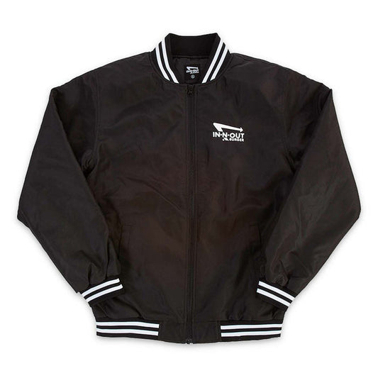 Black varsity jacket with arrow logo